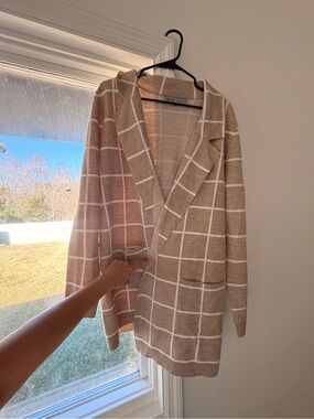 Absolutely Famous Beige and White Windowpane Cardigan Sweater